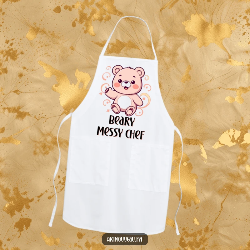 Funny bear apron with a charming bear character and abstract swirling patterns, ideal for cooking and baking.