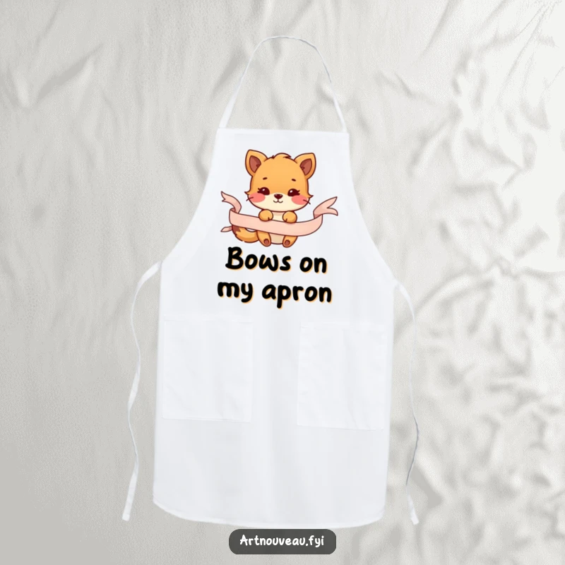 Funny apron showing an animal playfully interacting with a flowing decorative ribbon, adding a cheerful and artistic element to kitchen wear.