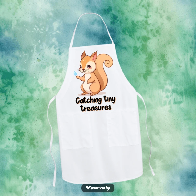 Funny squirrel apron with an elegant swirling tail and dewdrop graphic, adding whimsical charm to any cooking or baking session.