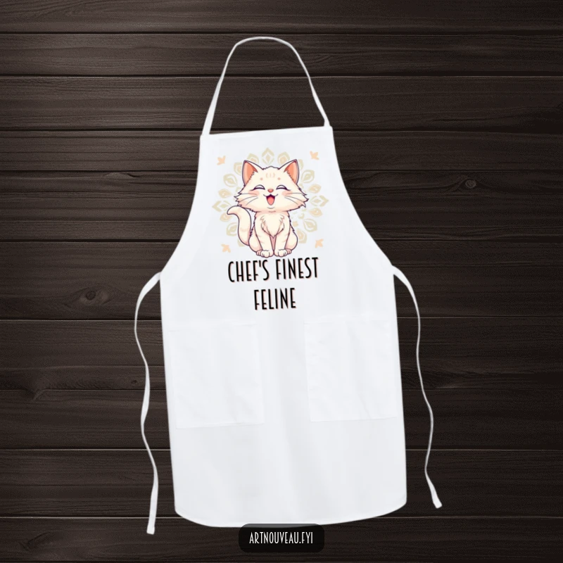 Funny Apron: Delighted cat with flowing fur against a decorative art nouveau pattern, perfect for stylish kitchen wear.