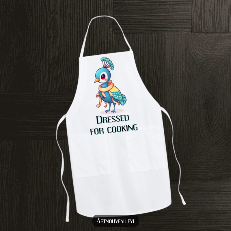 Funny Peacock Ribbon Apron featuring a distinguished bird wearing an ornate ribbon, adding humorous style and protection to kitchen activities.