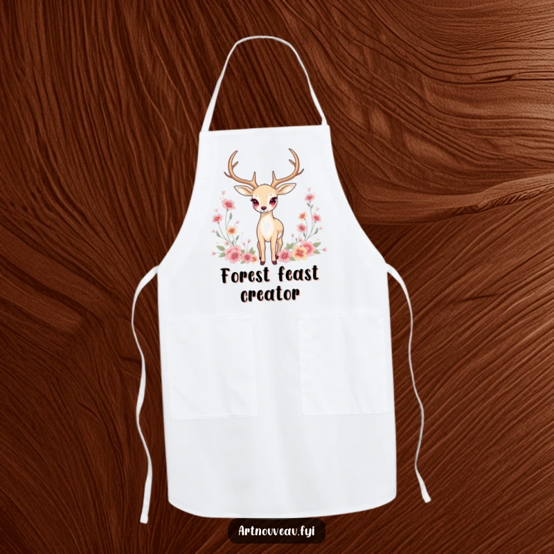 Funny Apron: Graceful deer with elongated antlers amidst floral motifs, perfect for stylish kitchen wear.