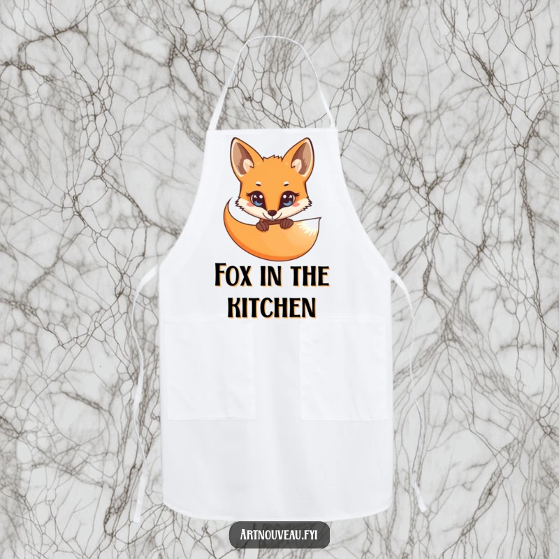 Funny Apron: A curious fox with bright eyes peeking from behind a flowing, organic curve of elegant lines, for kitchen intrigue.