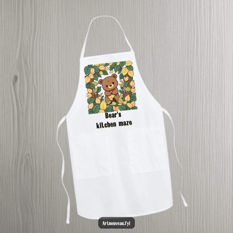 Funny stylized bear with organic shapes exploring a decorative labyrinth of leaves, printed on a practical and stylish kitchen apron.