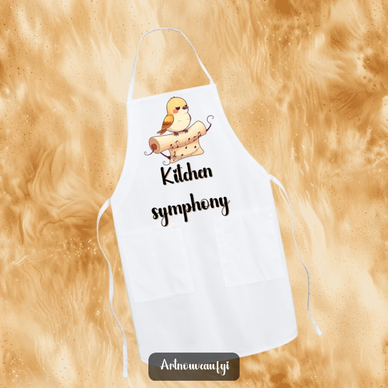Funny Bird Apron: Features a small bird on a decorative, flowing musical scroll, bringing artistic and humorous flair to the kitchen.