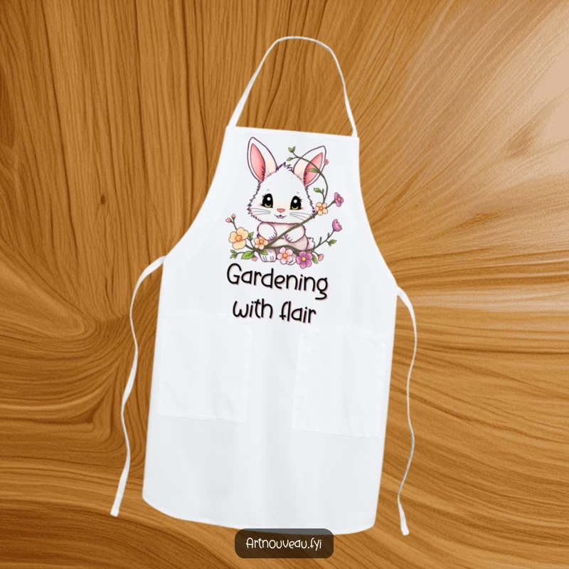 Funny bunny apron, a fluffy bunny with expressive eyes peeking from a floral vine, kitchen accessory. Great gift.