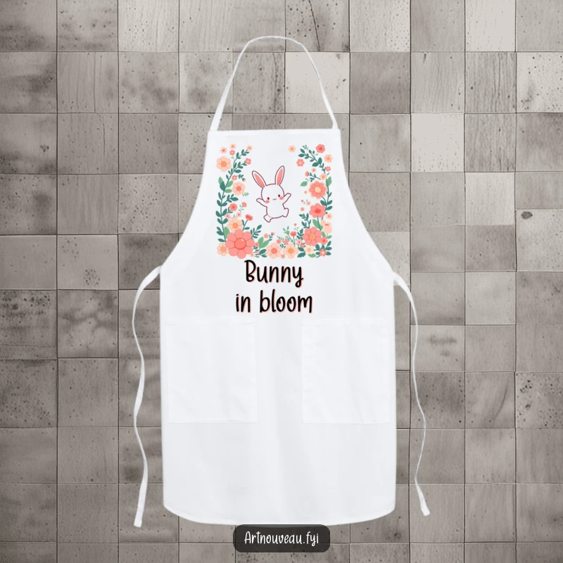 Funny Apron: A small bunny character leaping joyfully through a cascade of stylized floral patterns, designed for kitchen happiness.