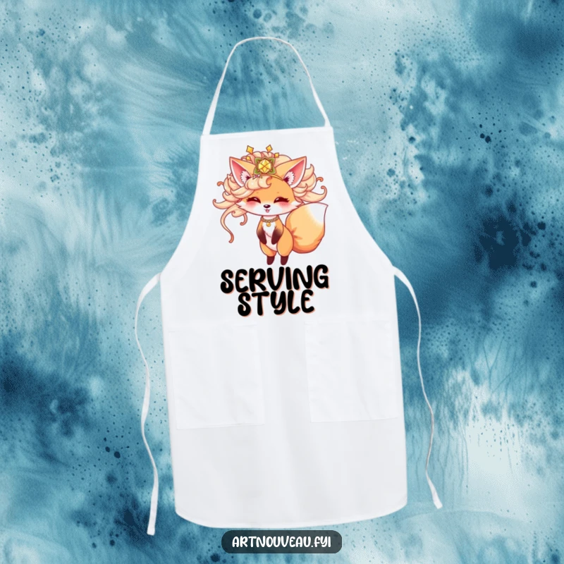 Funny fox apron, cute animal in ornate hairpiece playfully twirling, kitchen wear, baking accessory, ideal funny gift.