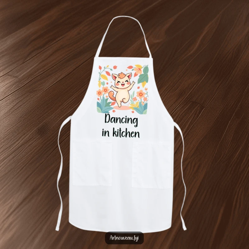 Funny kitchen apron depicting a joyful creature dancing amidst stylized, flowing foliage, adding artistic flair to cooking tasks.