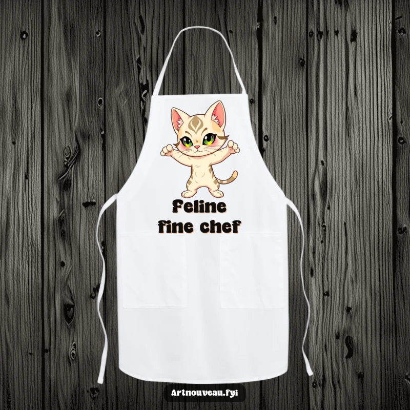 Funny Feline Apron: Features an Art Nouveau inspired cat striking a dynamic pose, perfect for adding artistic humor to cooking.