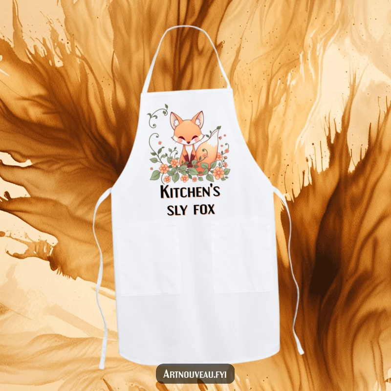 Funny Apron: Whimsical fox with flowing lines peeking from ornate art nouveau vines, perfect for stylish kitchen protection.