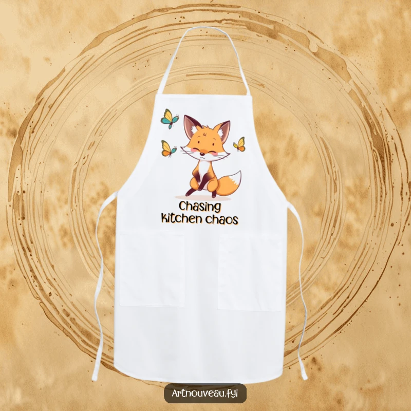 Funny fox apron with a whimsical fox and butterfly illustration in elegant lines, ideal for cooking and baking.