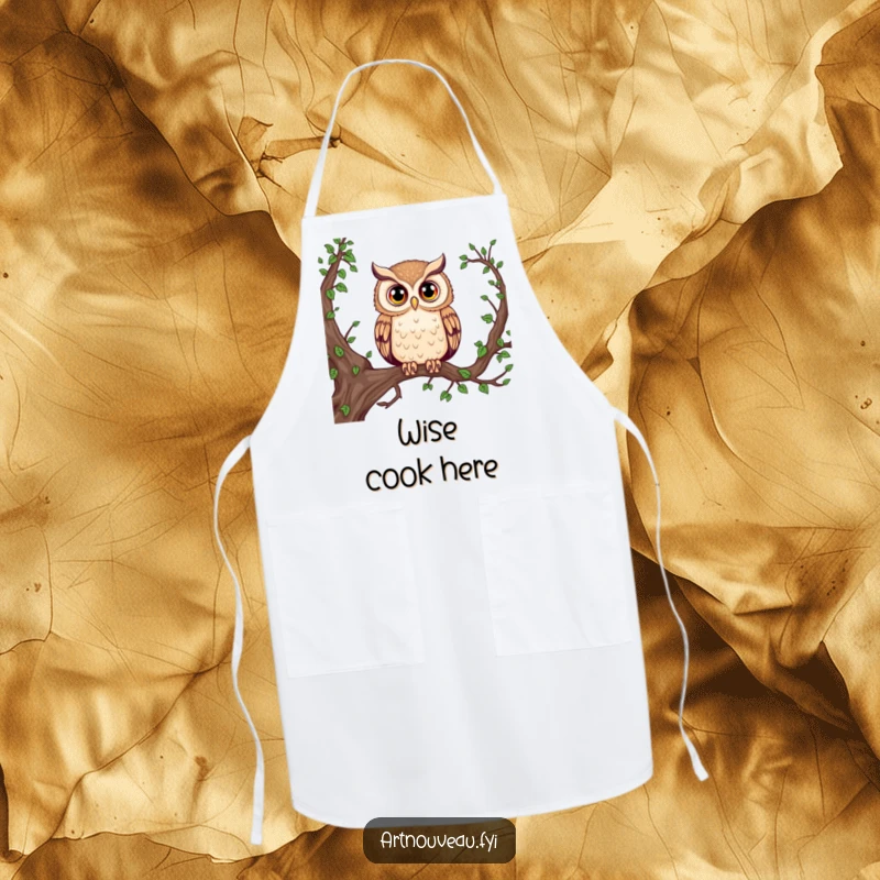 Funny Majestic Owl Apron: A wise owl with large eyes on a branch adds a touch of intelligence and humor to this kitchen apron.