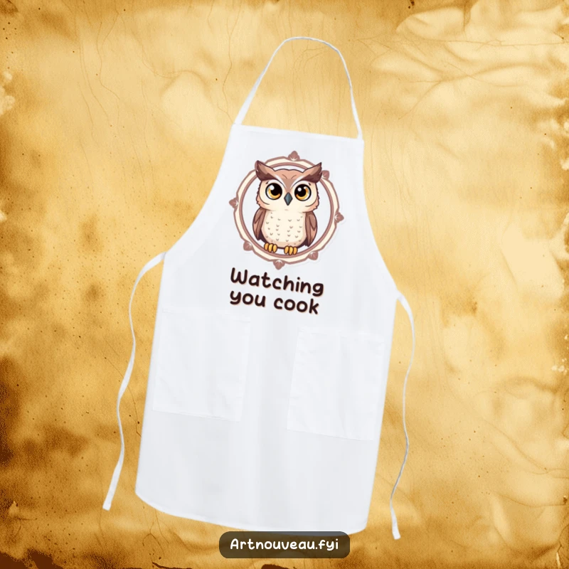 Funny Owl Apron featuring a curious owl with large, expressive eyes peeking through a decorative circular frame, ideal for kitchen fun.