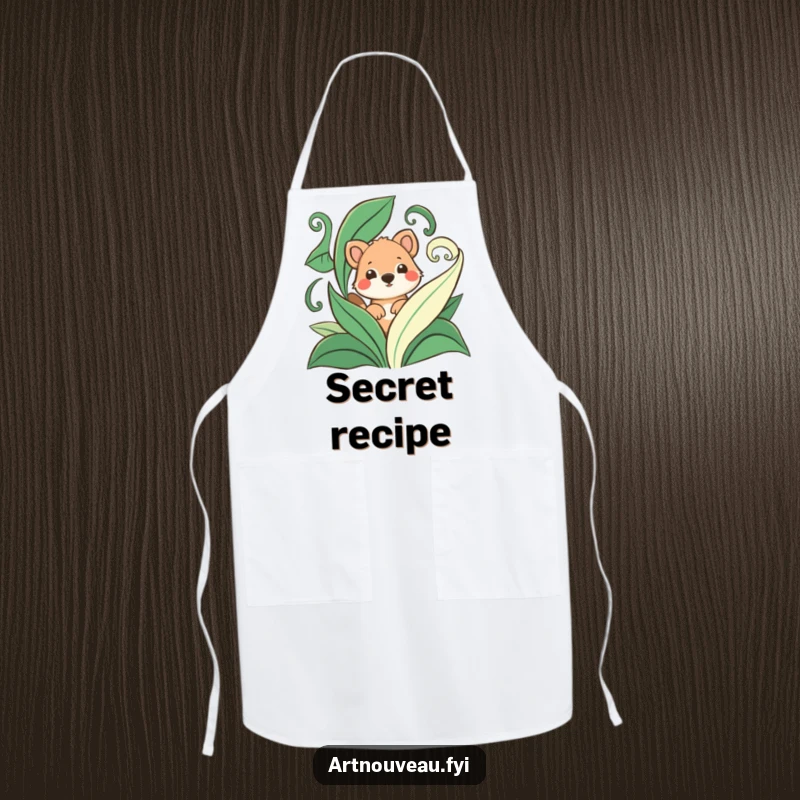 Funny apron depicting a playful animal peeking from behind stylized, swirling leaves, perfect for adding a humorous touch to cooking.