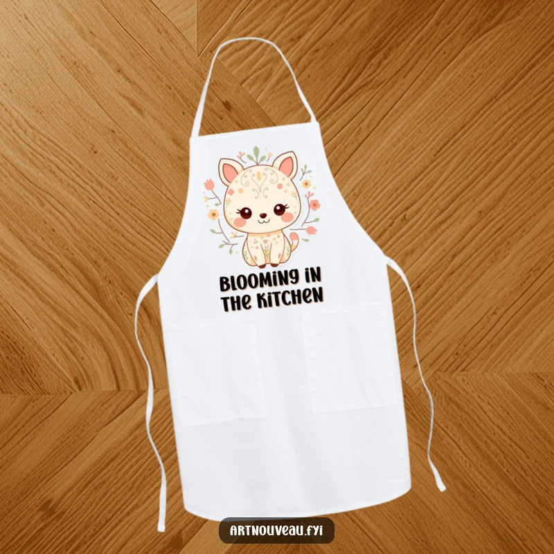 Funny apron featuring a sweet animal character adorned with delicate nature patterns, perfect for adding a touch of humor to kitchen tasks.