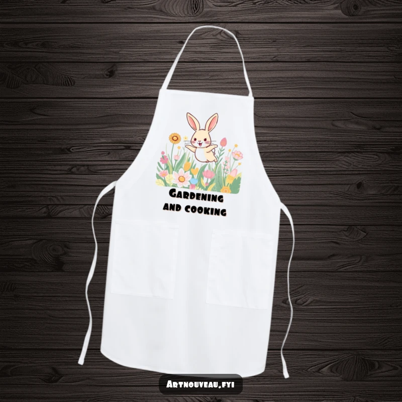 Funny apron with a smiling hare leaping through a field of beautifully patterned plants, designed for cheerful cooking.