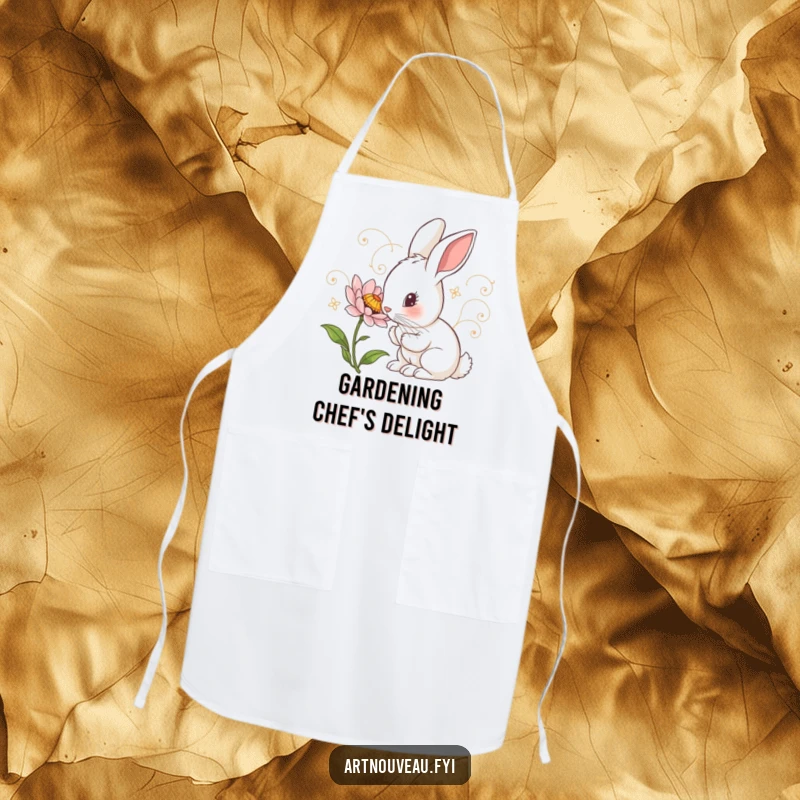 Funny Apron: Curious rabbit with art nouveau swirls inspecting a detailed flower, perfect for stylish kitchen wear.