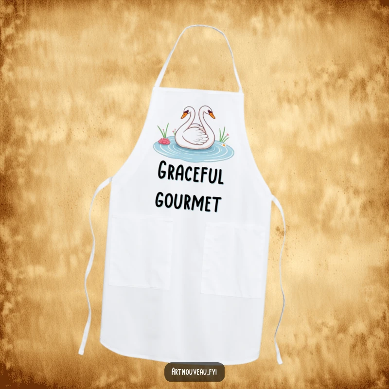 Elegant swan kitchen apron with graceful sweeping lines across a decorative pond, adding artistic flair to cooking and baking endeavors.