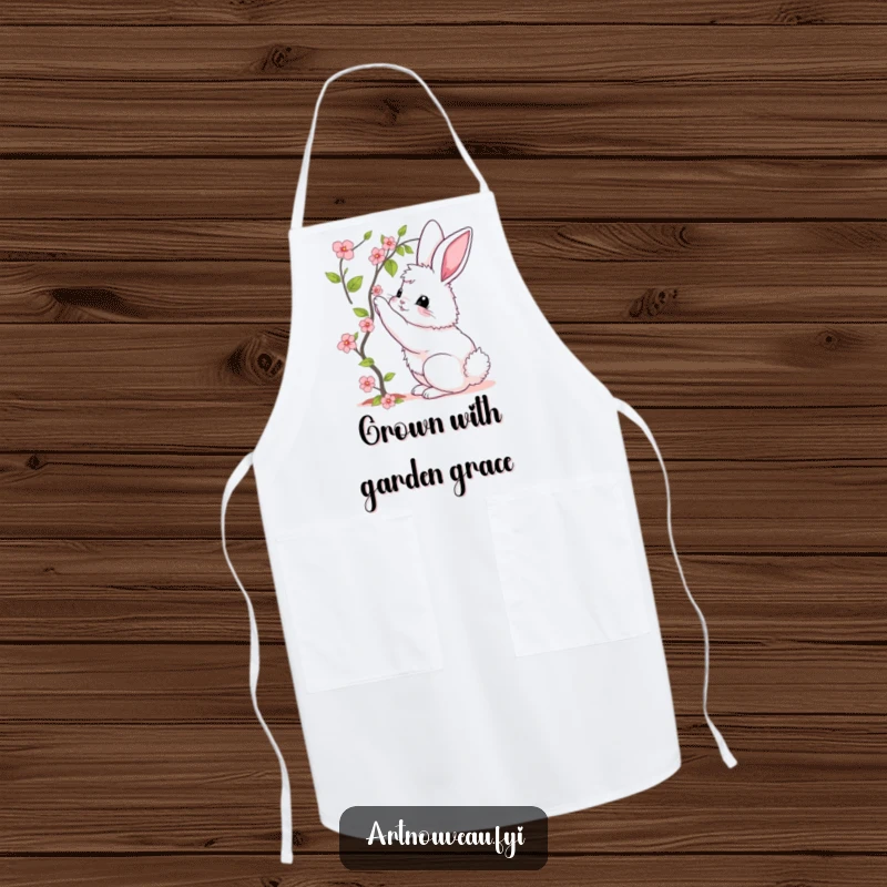 Funny apron featuring a fluffy bunny with elegant curves, reaching for a blooming vine, ideal for cooking and baking.
