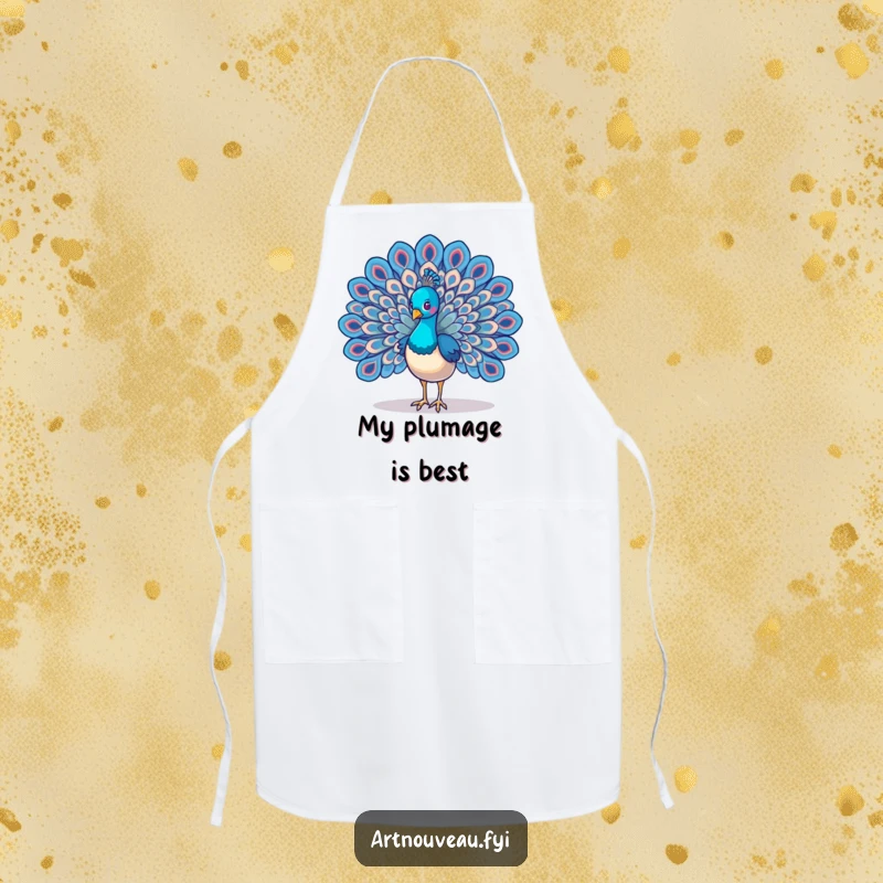 Funny Peacock Wings Apron designed with a majestic bird displaying intricate, swirling feather art, offering protection and humorous flair in the kitchen.