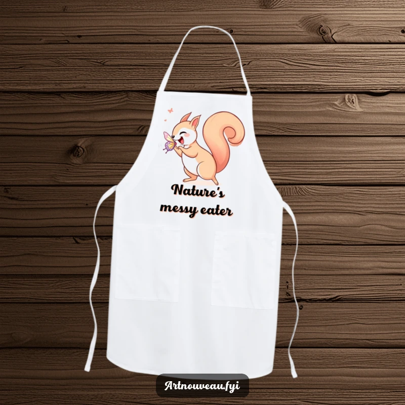 Funny squirrel in art nouveau style, joyfully chasing a shimmering butterfly with a curled tail, printed on a practical kitchen apron.