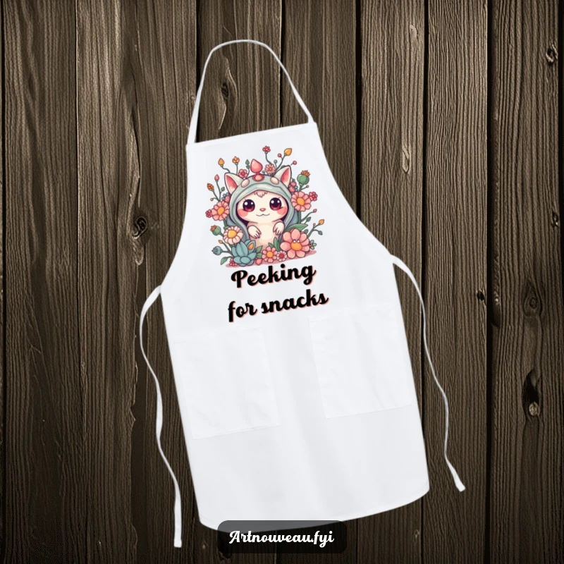 Funny kitchen apron showing a curious creature peeking from behind elaborate, organic embellishments, making cooking a fun discovery.