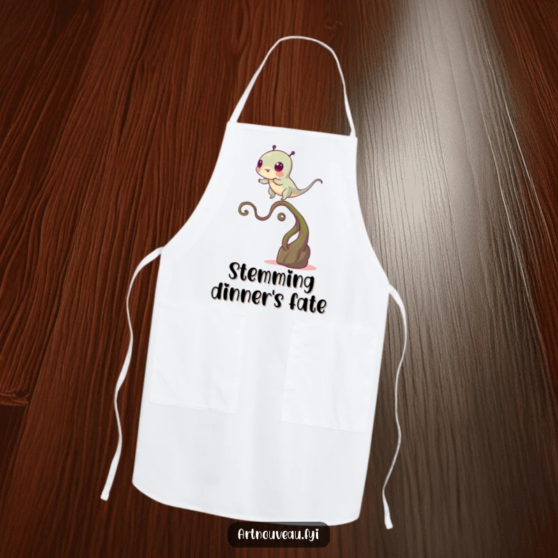Funny apron depicting a creature in a precarious balance on a winding plant-like stem, adding a humorous and artistic touch to kitchen wear.