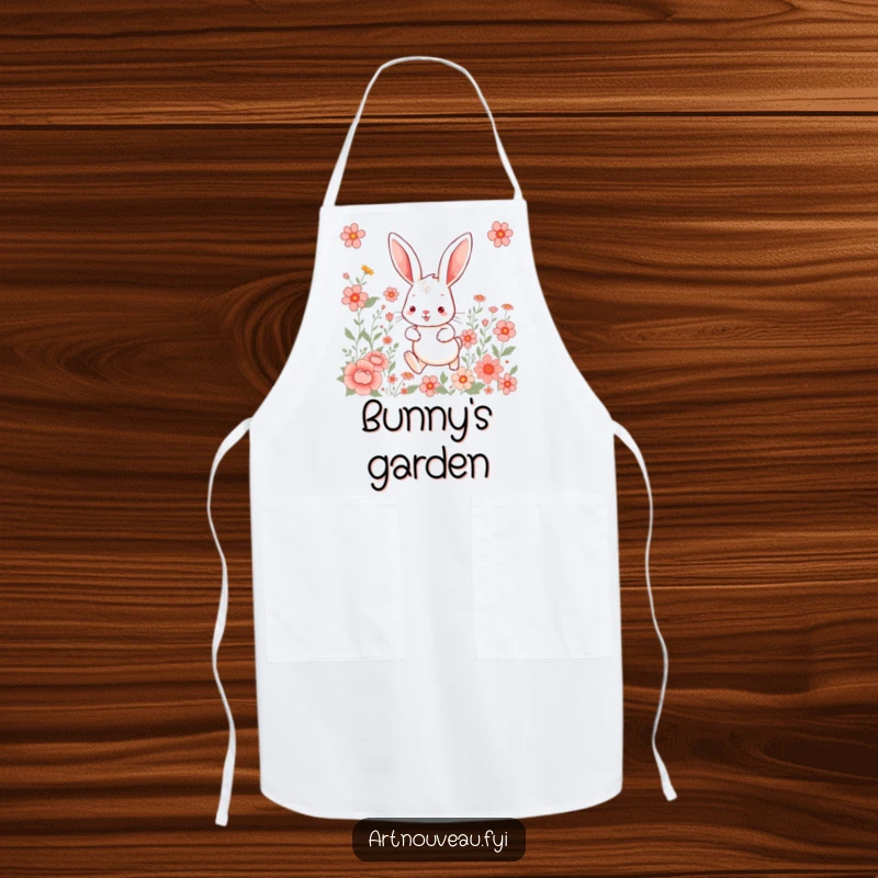 Whimsical rabbit apron, showing a large-eared hare hopping through artful floral patterns, a cute and functional kitchen accessory.