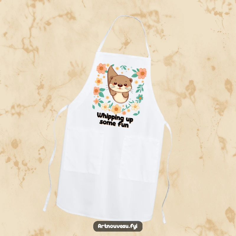 Funny apron featuring a playful otter joyfully diving through decorative floral patterns, perfect for cooking and baking.
