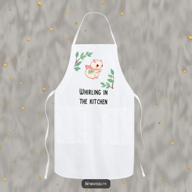 Funny apron adorned with a creature embodying organic curves in a gentle spin, perfect for adding natural charm and humor to kitchen tasks.