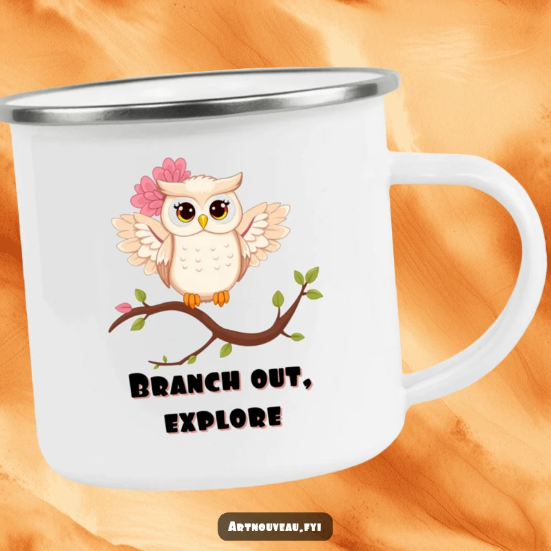Funny owl camping mug with a stylized owl and flowing floral wings, perfect for enjoying beverages in the great outdoors.
