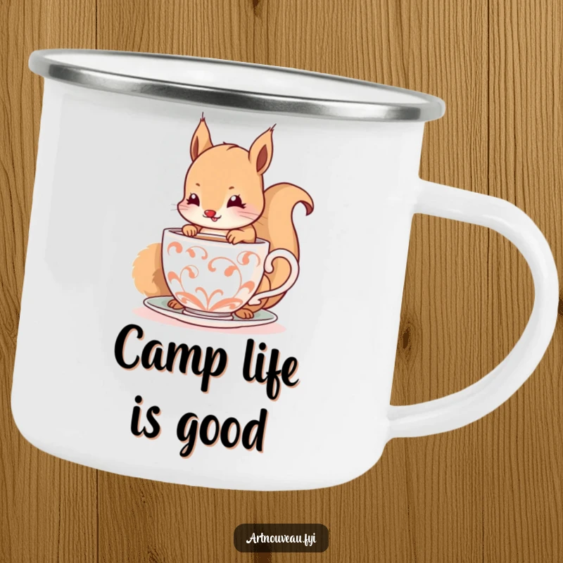 Funny camping mug with a happy squirrel delicately sipping from a decorative, spiraling cup, ideal for outdoor enjoyment.
