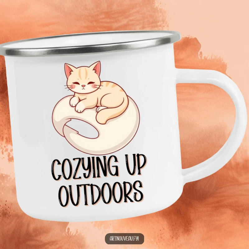 Funny camping mug showing a graceful cat elegantly lounging on a swirling organic form, durable for outdoor use.