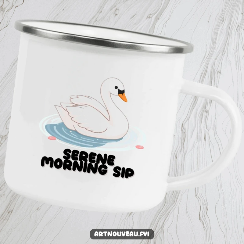Funny cute swan with elegant curves gliding gracefully on a shimmering decorative pond, printed on a rugged and stylish camping mug.