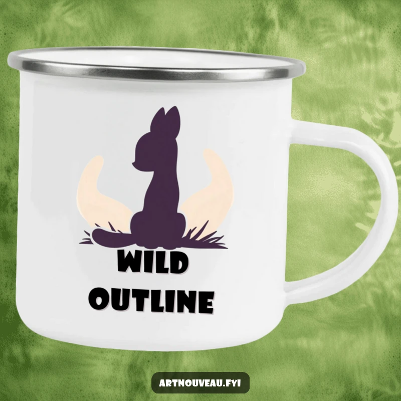 Funny camping mug featuring an animal silhouette against a backdrop of organic curves, ideal for rustic artistic enjoyment outdoors.