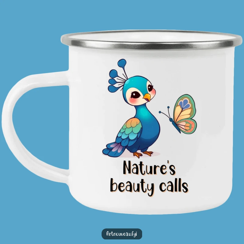 Funny Art Nouveau Peacock Camping Mug: Rugged Bird Art, Perfect Outdoor Funny Gift