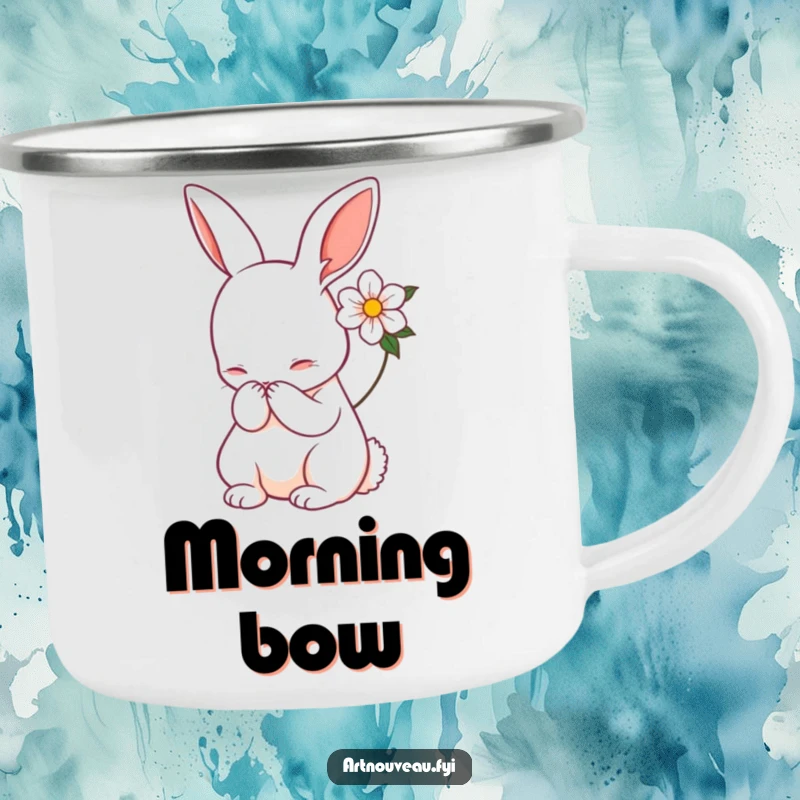 Funny rabbit camping mug, Art Nouveau style, gracefully bowing, flower accent, enamel mug, perfect funny gift for campers.