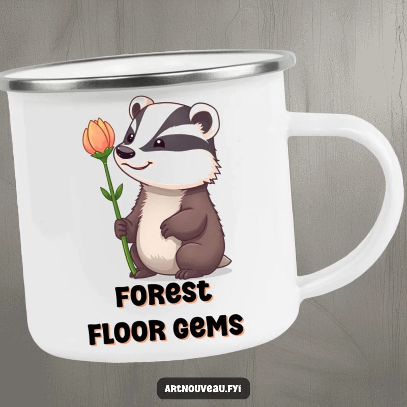 Funny Camping Mug: A badger with a whimsical grin admiring a dramatically curved flower stem, perfect for outdoor charm.
