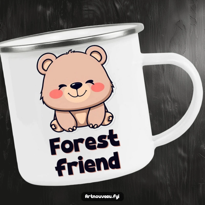 Funny bear enamel camping mug featuring flowing, organic lines and a contented smile, ideal for enjoying drinks during outdoor adventures.