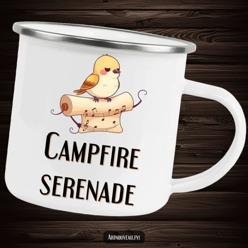 Funny Bird Camping Mug: A sturdy mug with a small bird on a musical scroll, perfect for enjoying drinks outdoors with artistic humor.