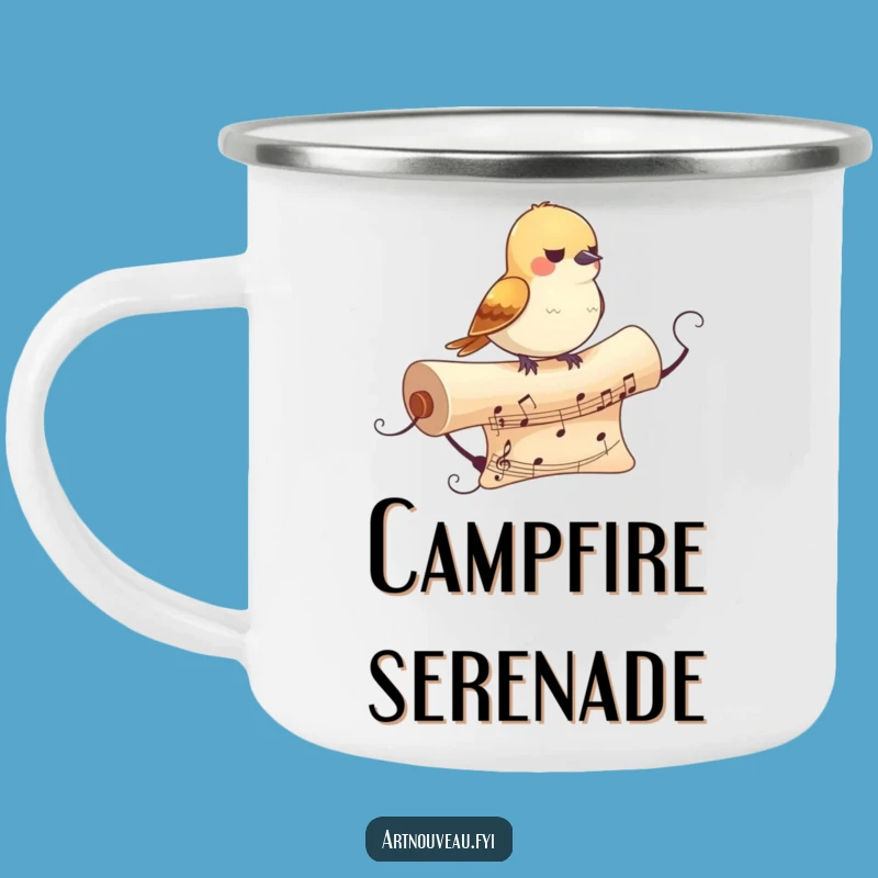 Funny Bird Camping Mug: Musical Scroll Art for Outdoor Melodies