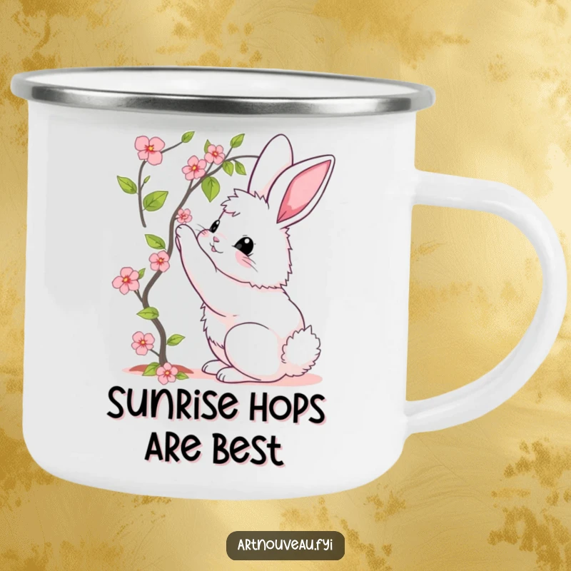 Funny camping mug showing a fluffy bunny with elegant curves, reaching for a blooming vine, durable for outdoor use.