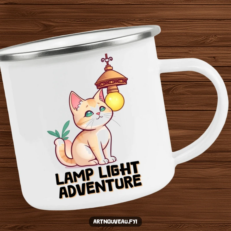 Funny cat camping mug, a curious cat with elegant curves batting at a decorative hanging lamp, durable for outdoors.