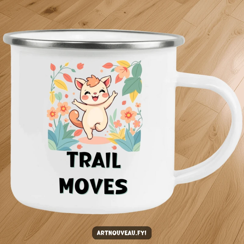 Funny camping mug showing a joyful creature dancing amidst stylized, flowing foliage, designed for durability and cheerful outdoor use.
