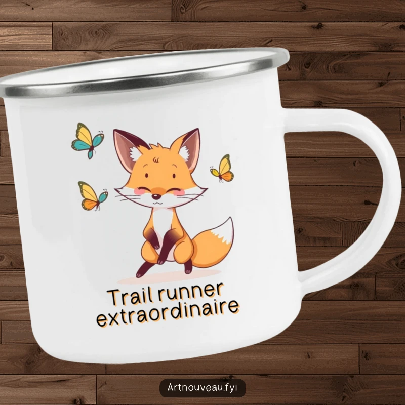 Funny fox camping mug with a whimsical fox and butterfly in elegant lines, durable for outdoor use.
