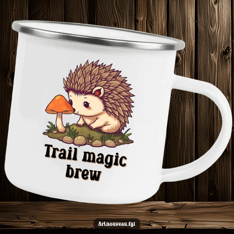 Funny hedgehog enamel camping mug featuring art nouveau spines and a glowing mushroom, ideal for outdoor adventures and magical moments.