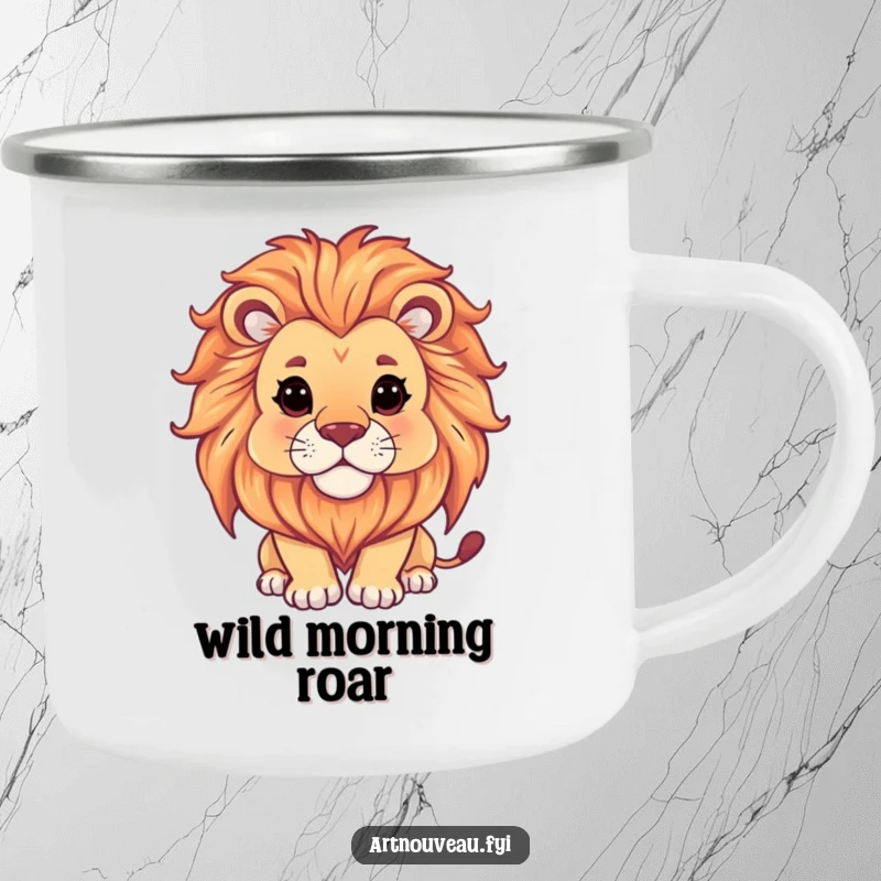 Funny Lion Camping Mug: A serene lion with ornate mane on a durable mug, perfect for enjoying drinks outdoors with artistic humor.