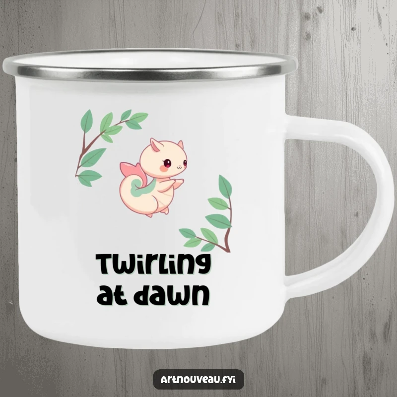Funny camping mug showcasing a creature with flowing organic curves in a gentle spin, designed for outdoor enjoyment and connection with nature.