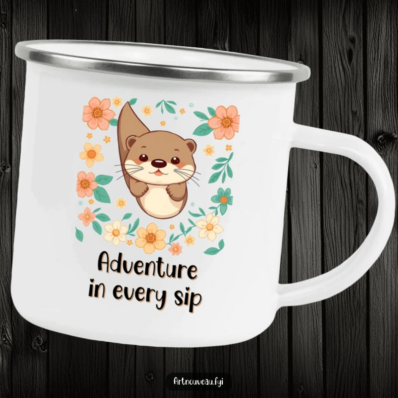 Funny camping mug featuring a playful otter joyfully diving through decorative floral patterns, built for the outdoors.